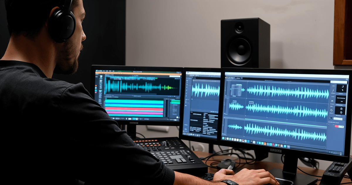 Čovek koristi Adobe Audition za editovanje zvuka na računaru